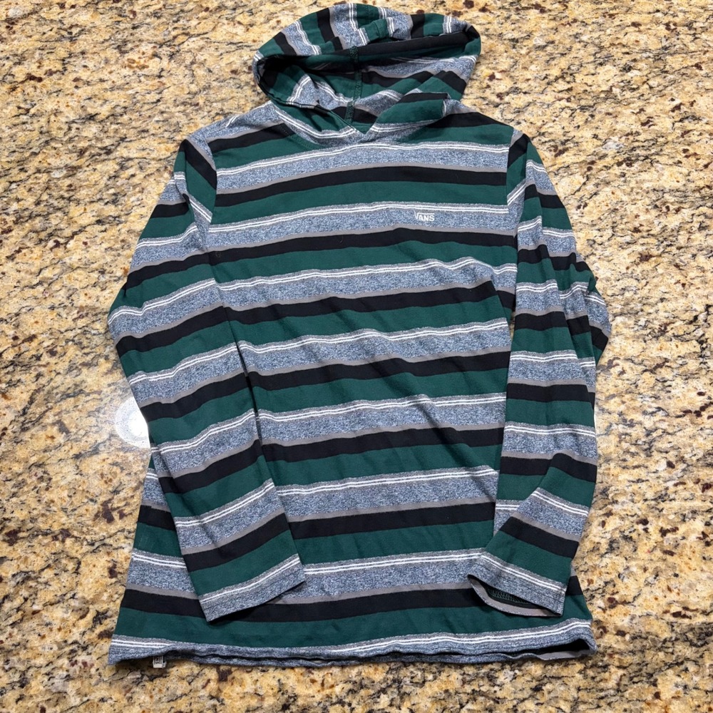 Vans Kids Large Green Striped Long Sleeve Hooded T-Shirt Skate Logo Tee ws